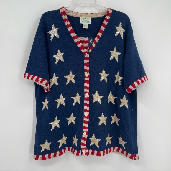 Quacker Factory Sweater Women Size 1X Cardigan USA Flag Stars Americana - Picture 10 of 10
